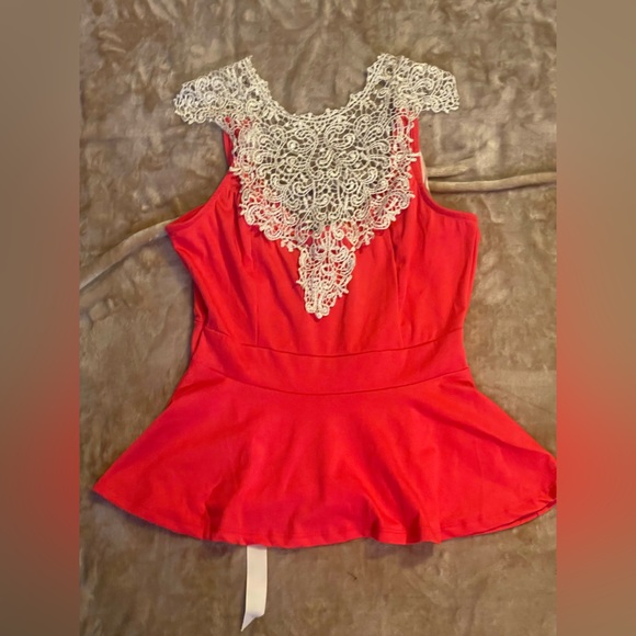 Tops - Women's Red Lace-Trim Peplum Bodysuit